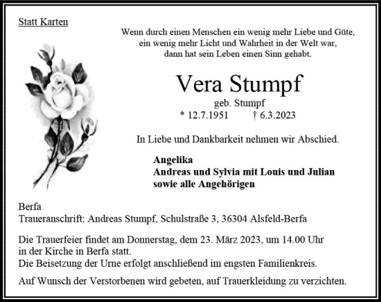 Traueranzeige von Vera Stumpf von Oberhessen Kurier