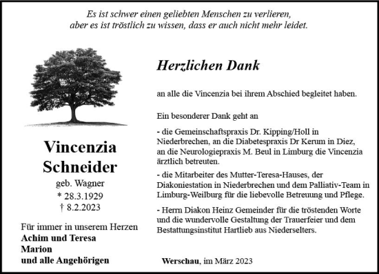 Traueranzeige von Vincenzia Schneider von Camberger Anzeiger