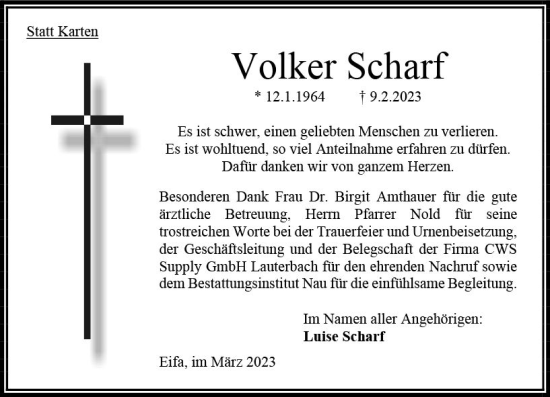 Traueranzeige von Volker Scharf von Oberhessen Kurier