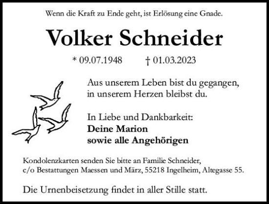 Traueranzeige von Volker Schneider von Allgemeine Zeitung Bingen/Ingelheim
