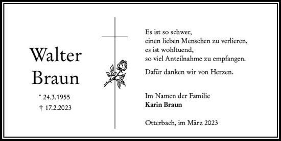 Traueranzeige von Walter Braun von Oberhessen Kurier