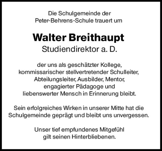 Traueranzeige von Walter Breithaupt von Darmstädter Echo