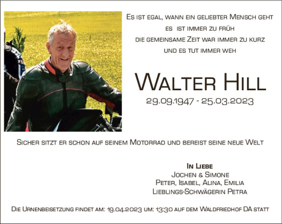 Traueranzeige von Walter Hill von Darmstädter Echo