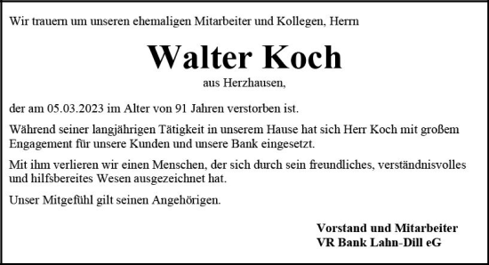 Traueranzeige von Walter Koch von Hinterländer Anzeiger