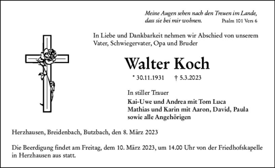 Traueranzeige von Walter Koch von Hinterländer Anzeiger
