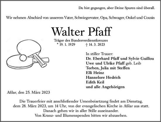 Traueranzeige von Walter Pfaff von Wetzlarer Neue Zeitung
