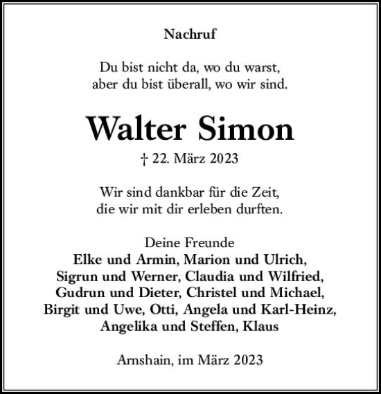 Traueranzeige von Walter Simon von VRM Trauer