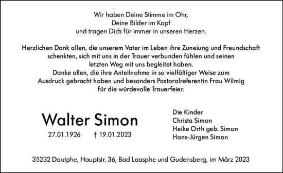Traueranzeige von Walter Simon von Hinterländer Anzeiger