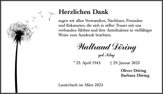 Traueranzeige von Waltraud Döring von Oberhessen Kurier