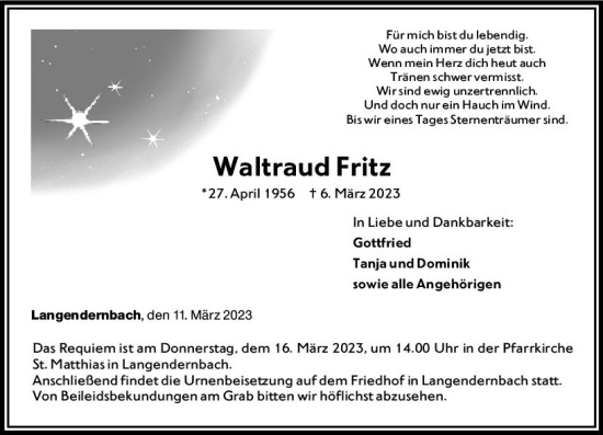 Traueranzeige von Waltraud Fritz von Nassauische Neue Presse