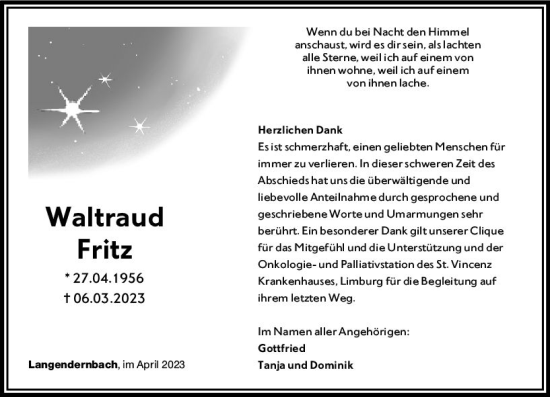 Traueranzeige von Waltraud Fritz von Nassauische Neue Presse