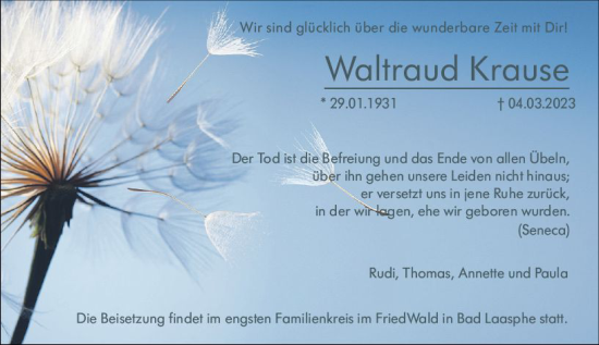 Traueranzeige von Waltraud Krause von Hinterländer Anzeiger
