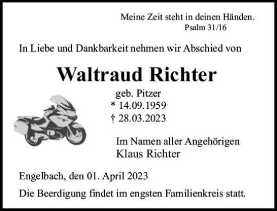 Traueranzeige von Waltraud Richter von Hinterländer Anzeiger