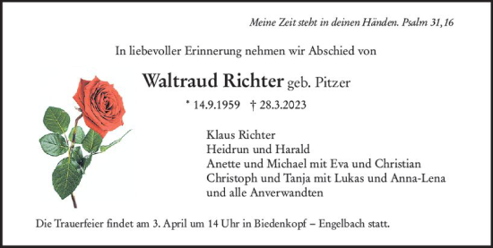 Traueranzeige von Waltraud Richter von Dill Block