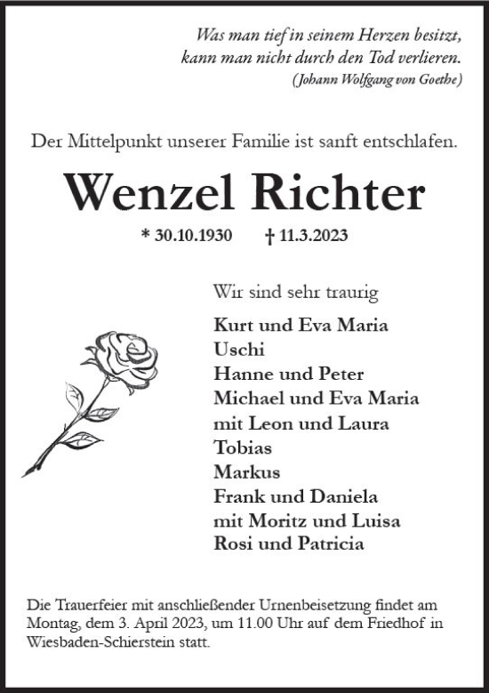 Traueranzeige von Wenzel Richter von Wiesbadener Kurier