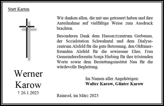 Traueranzeige von Werner Karow von Oberhessen Kurier