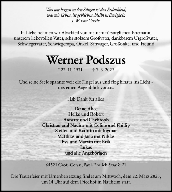 Traueranzeige von Werner Podszus von Groß-Gerauer Echo