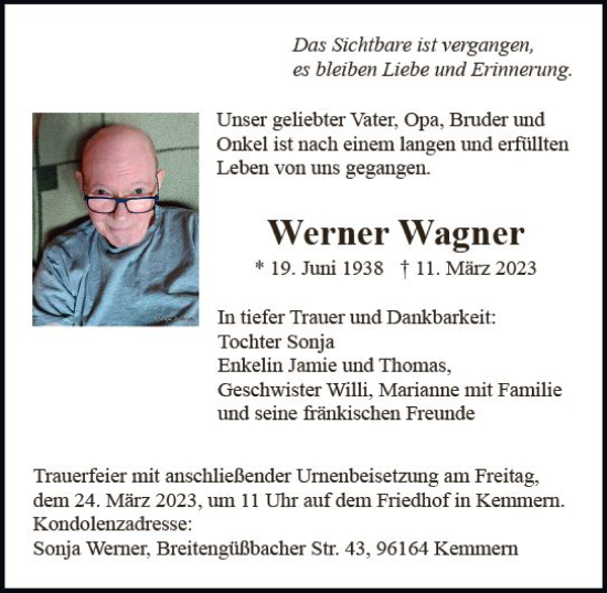 Traueranzeige von Werner Wagner von Weilburger Tageblatt