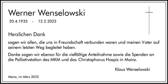 Traueranzeige von Werner Wenselowski von Allgemeine Zeitung Mainz