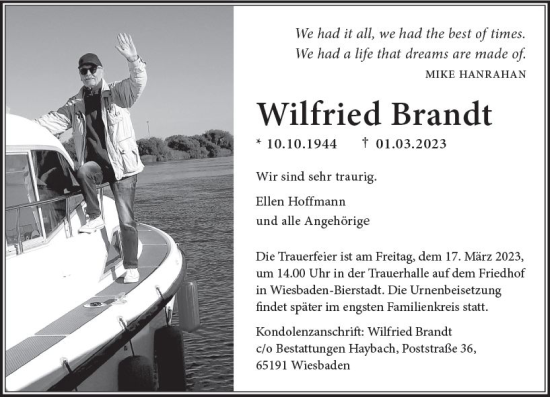 Traueranzeige von Wilfried Brandt von Wiesbadener Kurier