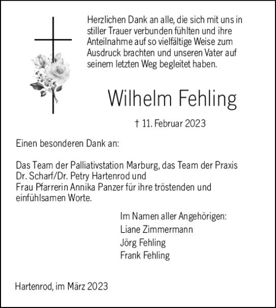 Traueranzeige von Wilhelm Fehling von Hinterländer Anzeiger