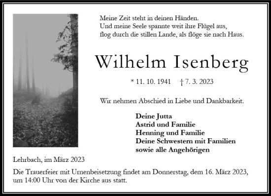 Traueranzeige von Wilhelm Isenberg von VRM Trauer