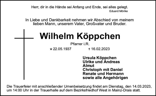 Traueranzeige von Wilhelm Köppchen von Allgemeine Zeitung Mainz