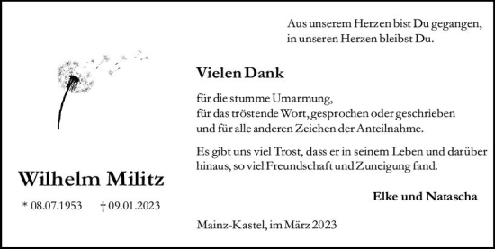 Traueranzeige von Wilhelm Militz von Allgemeine Zeitung Mainz