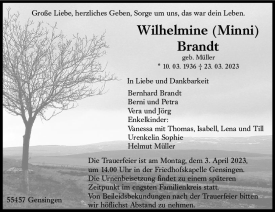 Traueranzeige von Wilhelmine Brandt von Allgemeine Zeitung Bingen/Ingelheim