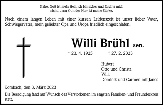 Traueranzeige von Willi Brühl von Hinterländer Anzeiger