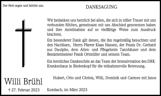 Traueranzeige von Willi Brühl von Hinterländer Anzeiger