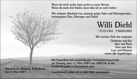 Traueranzeige von Willi Diehl von Dill Block