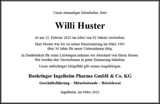 Traueranzeige von Willi Huster von Allgemeine Zeitung Bingen/Ingelheim