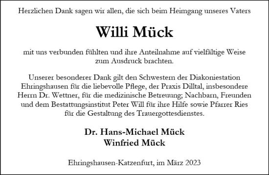 Traueranzeige von Willi Mück von Wetzlarer Neue Zeitung