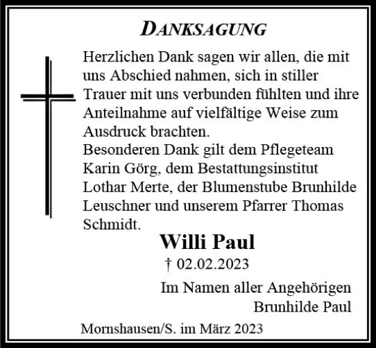 Traueranzeige von Willi Paul von Hinterländer Anzeiger