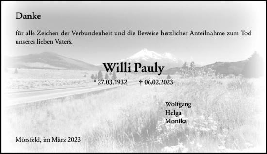 Traueranzeige von Willi Pauly von Allgemeine Zeitung Alzey