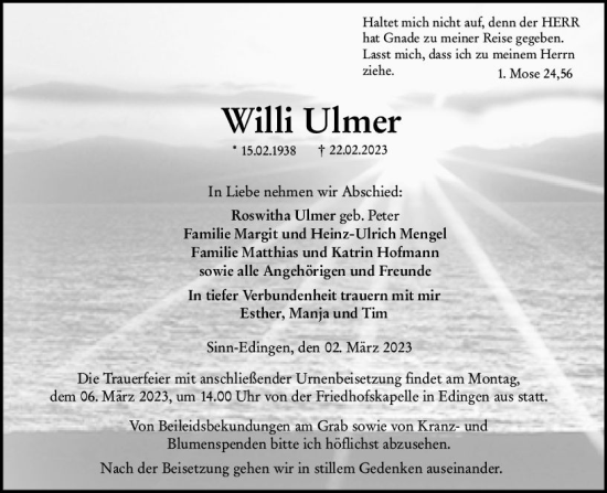 Traueranzeige von Willi Ulmer von Dill Block