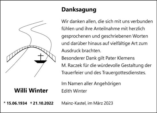 Traueranzeige von Willi Winter von Allgemeine Zeitung Mainz