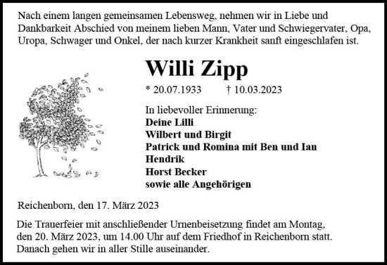Traueranzeige von Willi Zipp von Weilburger Tageblatt