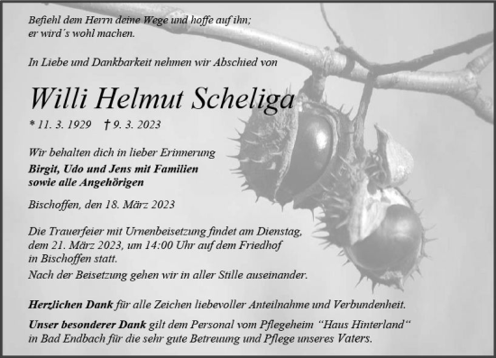 Traueranzeige von Willi Helmut Scheliga von Dill Block