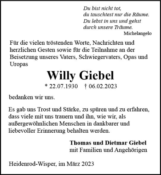 Traueranzeige von Willy Giebel von Wiesbadener Kurier