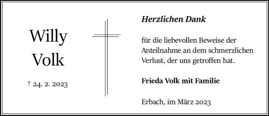 Traueranzeige von Willy Volk von Odenwälder Echo