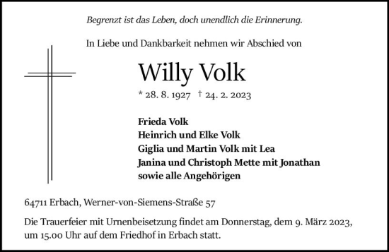 Traueranzeige von Willy Volk von Odenwälder Echo
