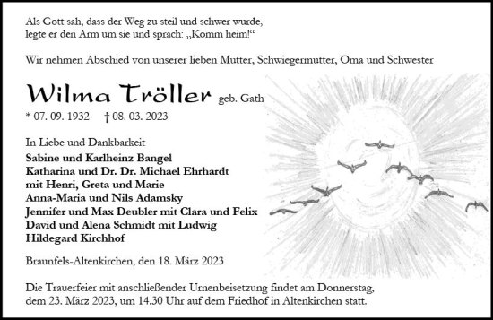 Traueranzeige von Wilma Tröller von Wetzlarer Neue Zeitung