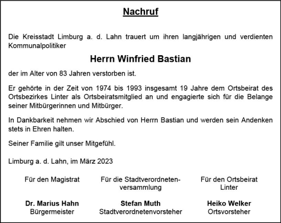 Traueranzeige von Winfried Bastian von Nassauische Neue Presse