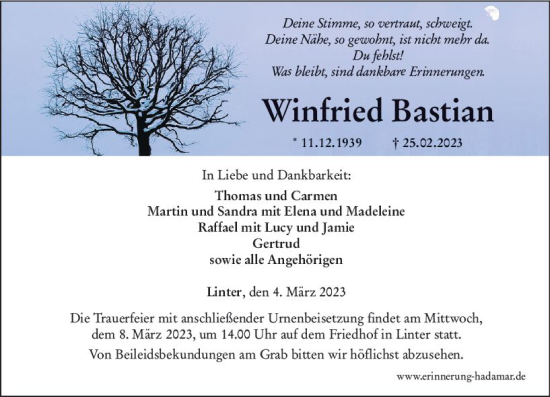 Traueranzeige von Winfried Bastian von Nassauische Neue Presse