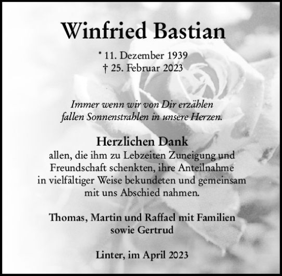 Traueranzeige von Winfried Bastian von Nassauische Neue Presse