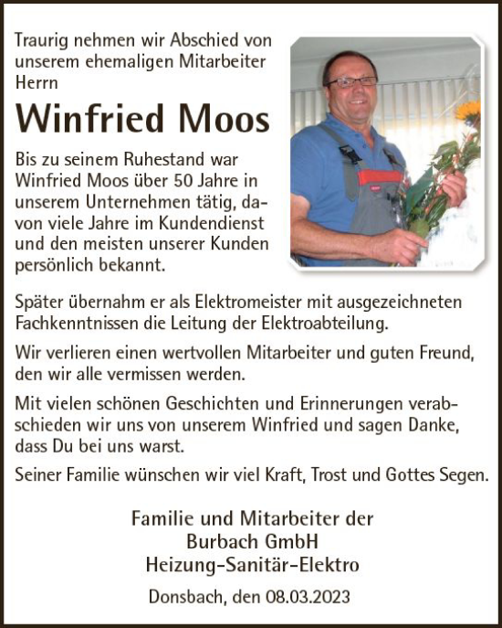Traueranzeige von Winfried Moos von Dill Block