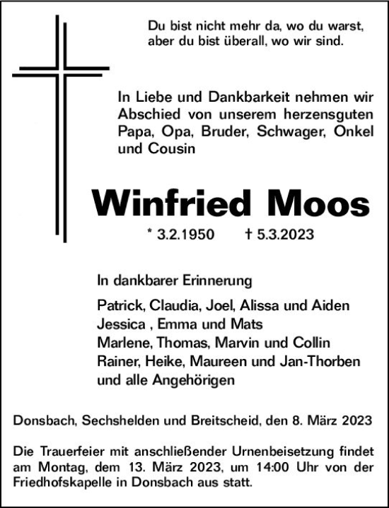 Traueranzeige von Winfried Moos von Dill Block