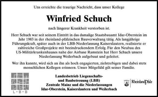 Traueranzeige von Winfried Schuch von Allgemeine Zeitung Mainz